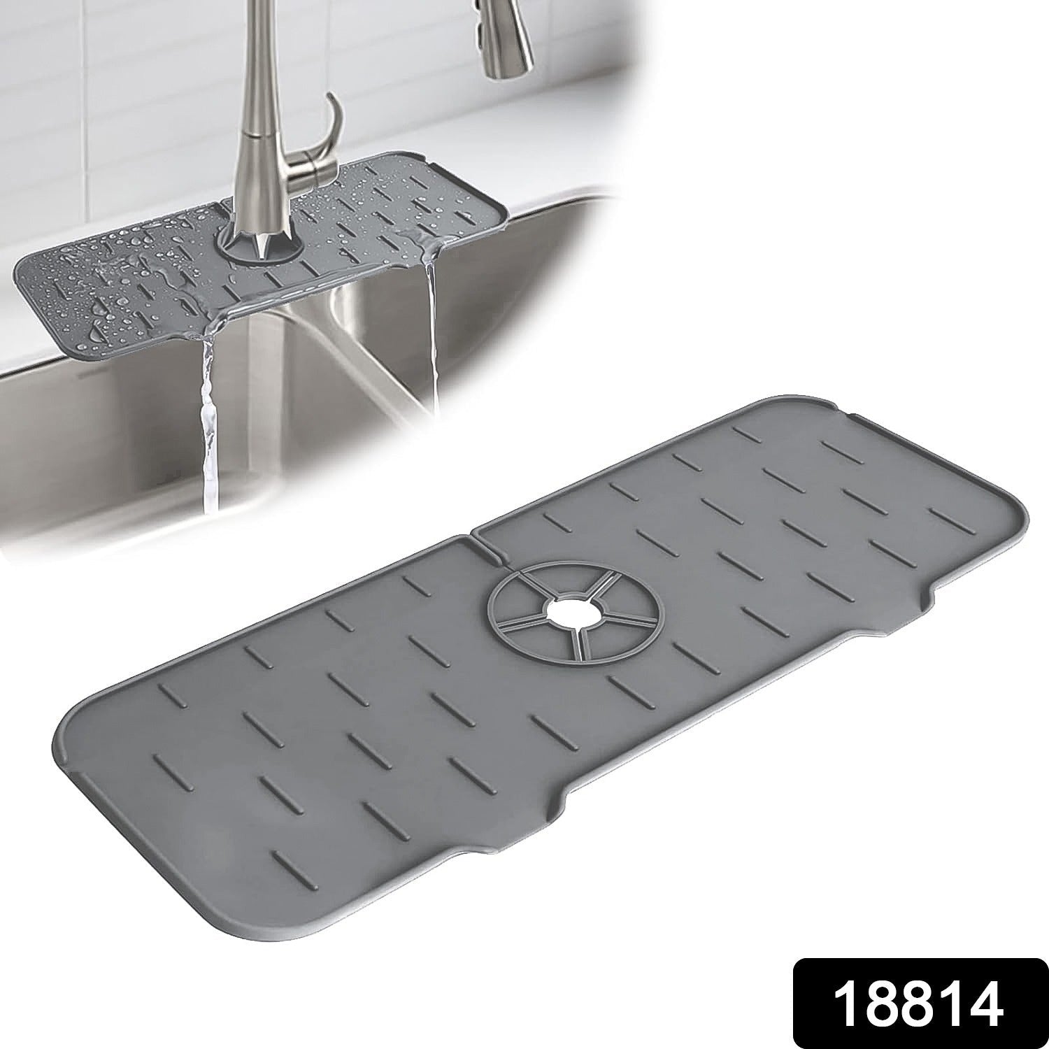 Close-up view of the flexible silicone faucet mat wrapping around a stainless steel kitchen faucet.