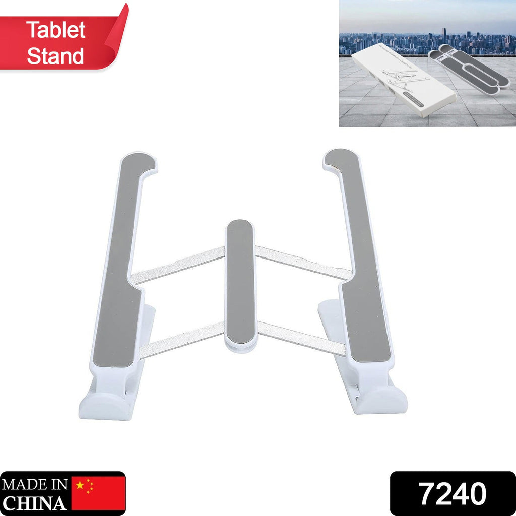 Adjustable tablet stand with foldable legs for ergonomic viewing.