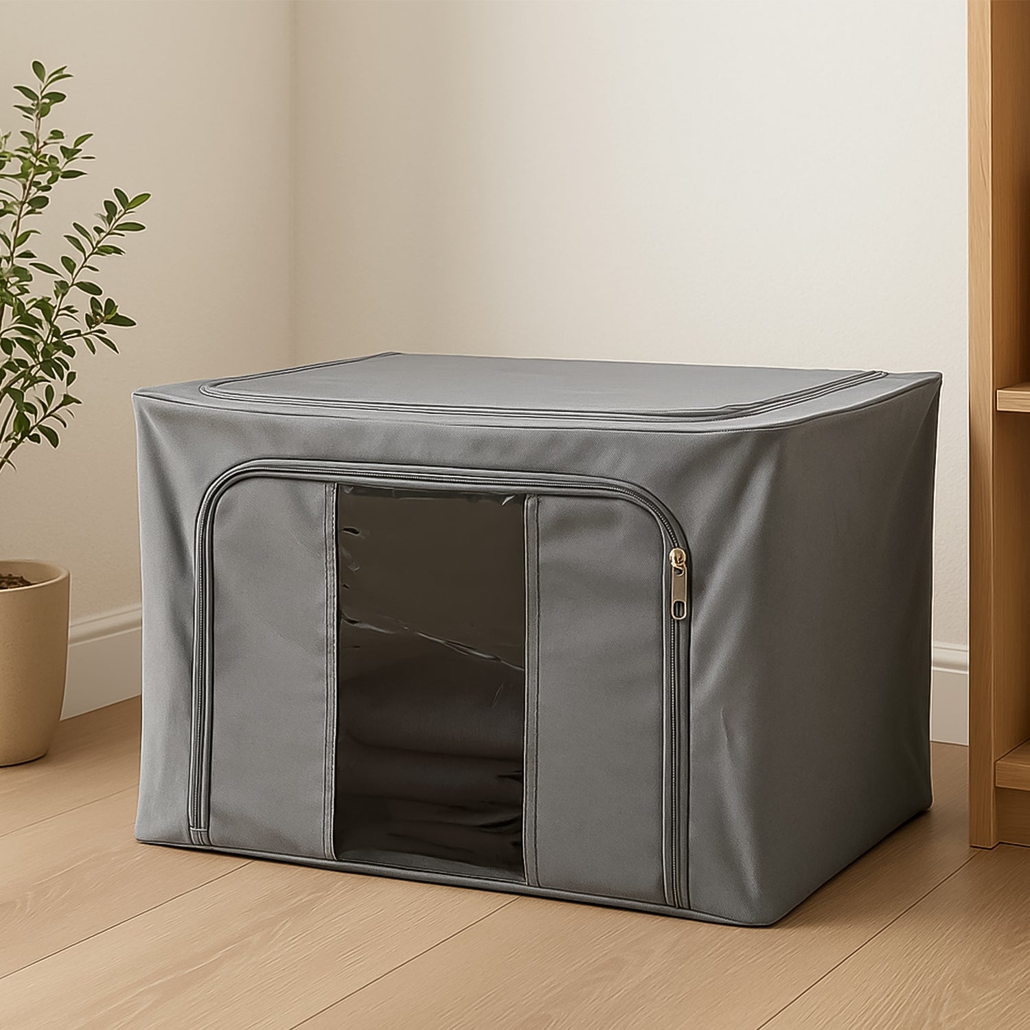 Storage box with lid and transparent window for clothes and linen organization