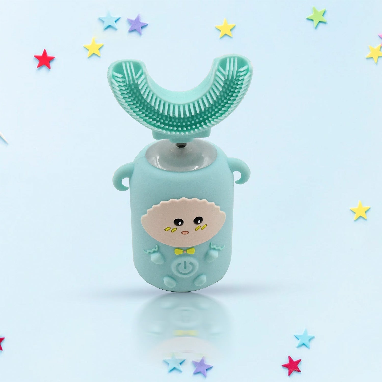 The Kids Electric Toothbrush showcasing its vibrant light and musical functions during use.