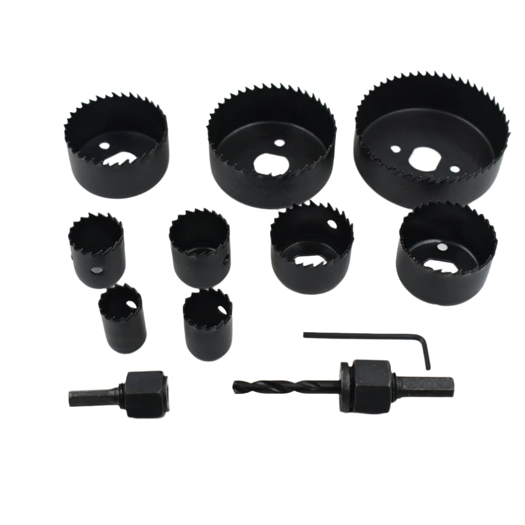 Complete 12-piece hole saw kit with various carbon steel bits for wood drilling.