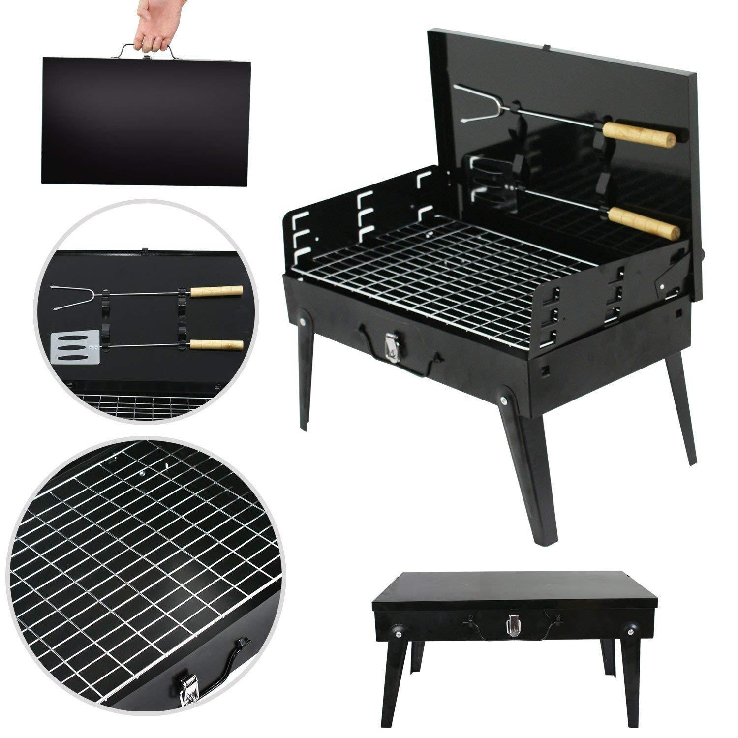 Side-by-side comparison of the folded and unfolded portable barbecue grill.