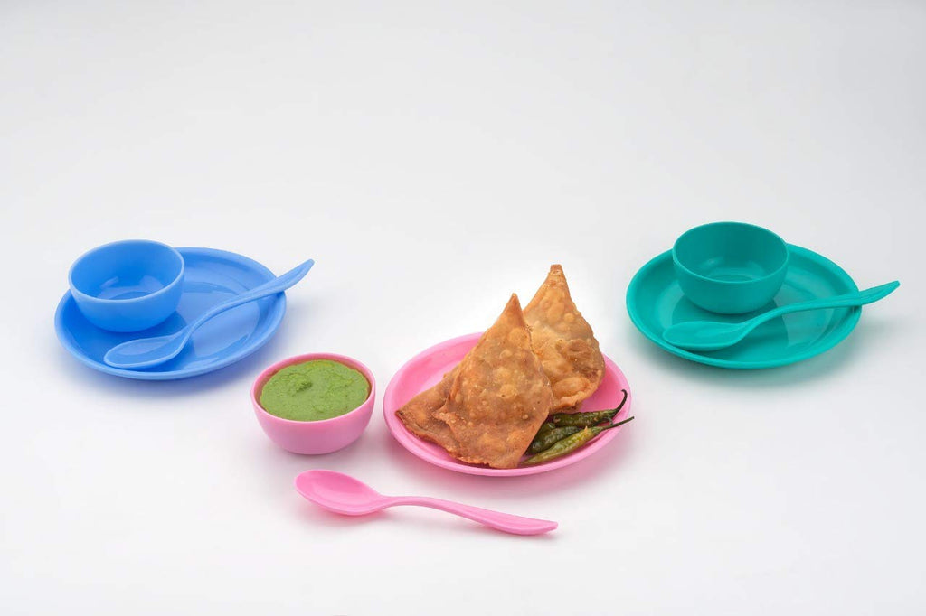 Multipurpose snack set with a bowl, dish, and spoon in a vibrant color, ready for use.