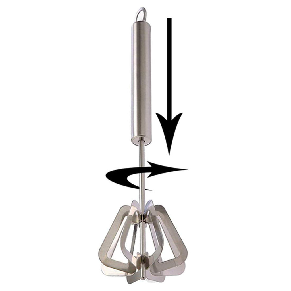 A manual hand blender featuring a sturdy stainless steel body.