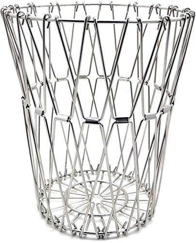 Compact foldable fruit basket in stainless steel, shown in its collapsed form for easy storage.