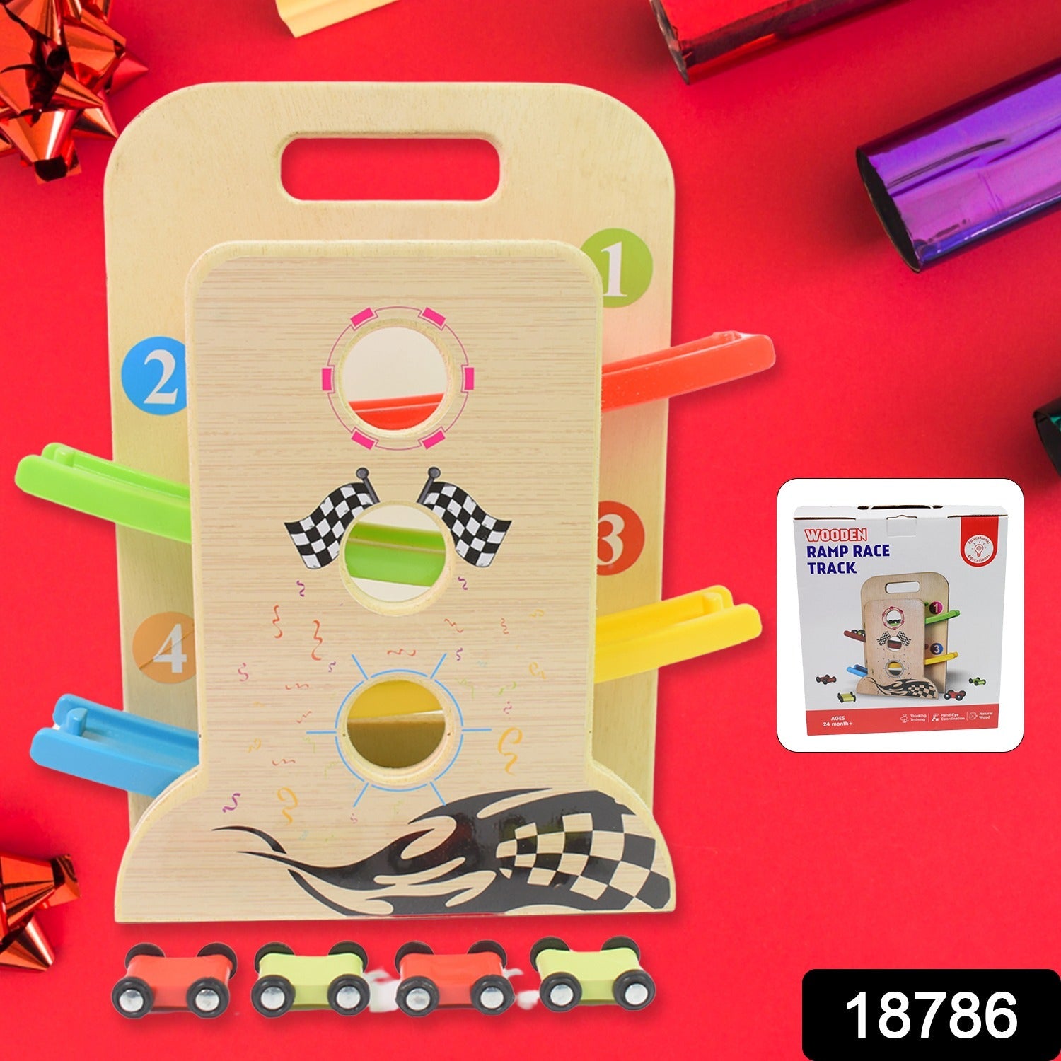 Kids enjoying the zigzag wooden ramp racer track with colourful cars.