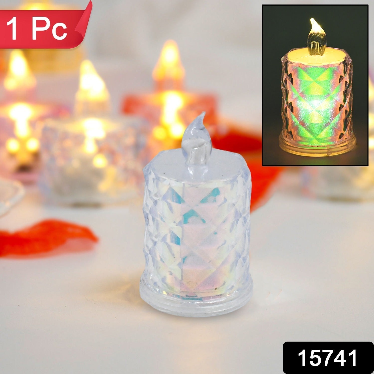 Close-up of a flameless LED tealight candle, ideal for Diwali decorations and safe use.