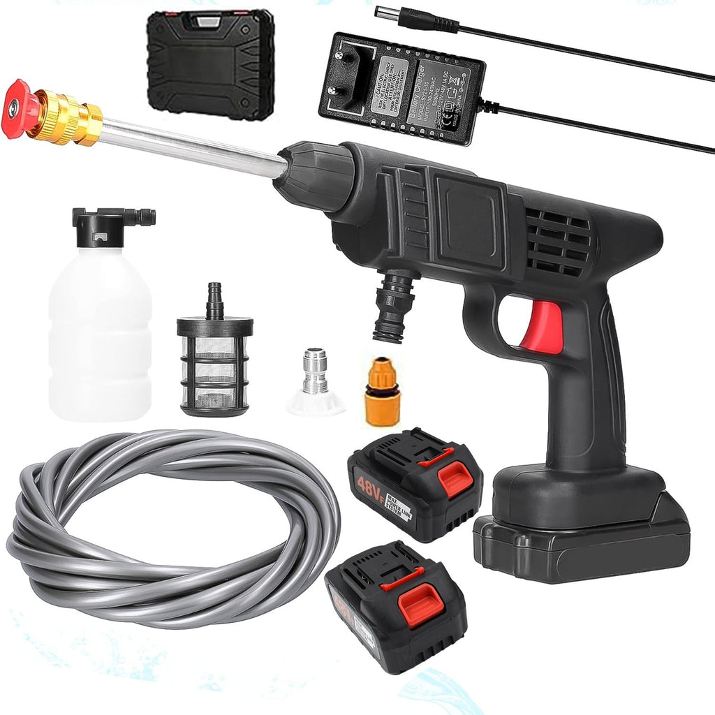 Carivox Cordless Car Washer gun kit with 48V battery and accessories.