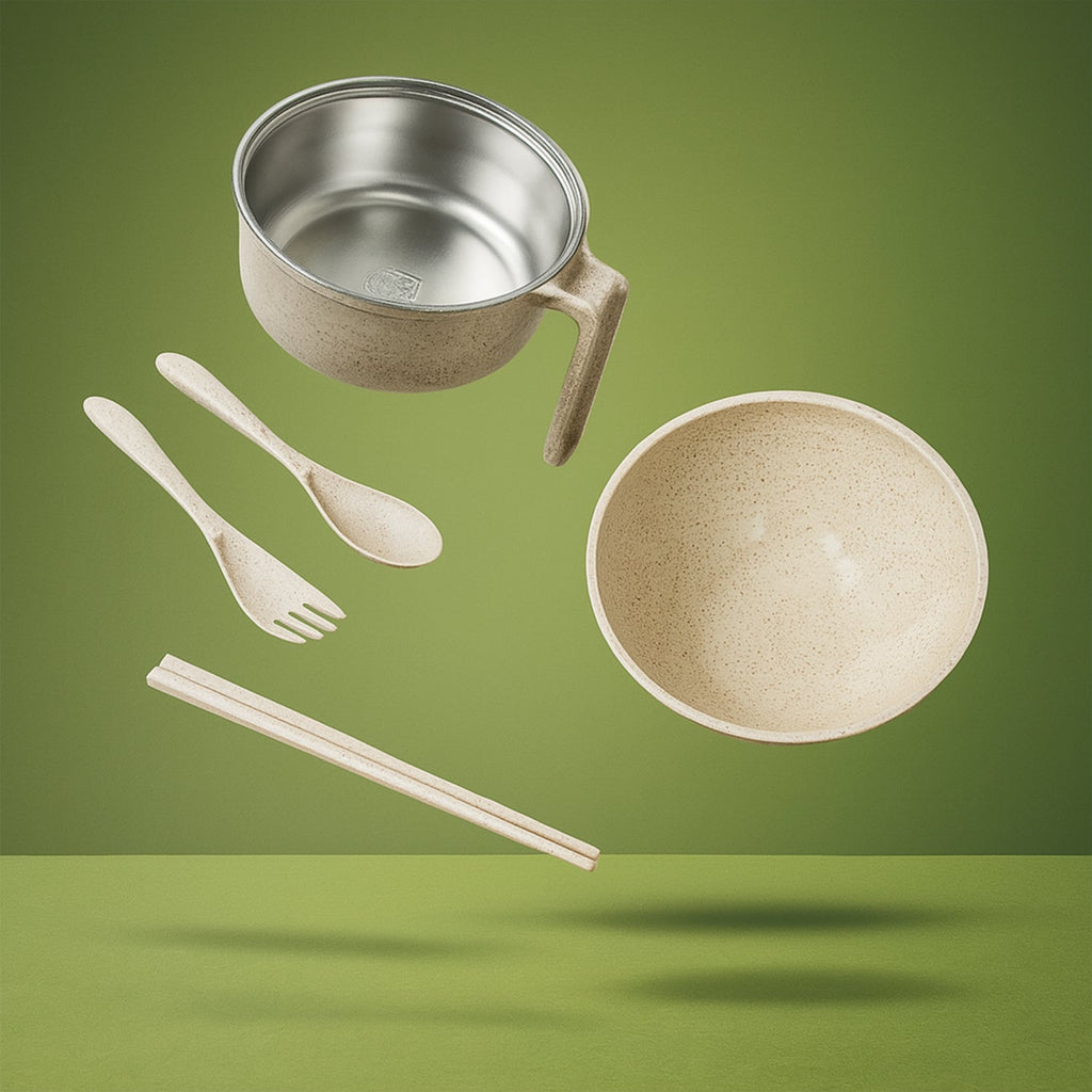 Front view of the eco-friendly Wheat Straw Rice Bowl Set, showing the bowl, lid, and utensils.