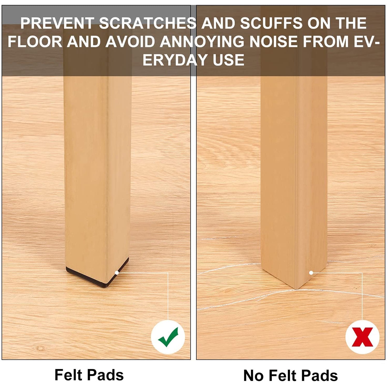 Table legs fitted with anti-slip felt pads for floor protection