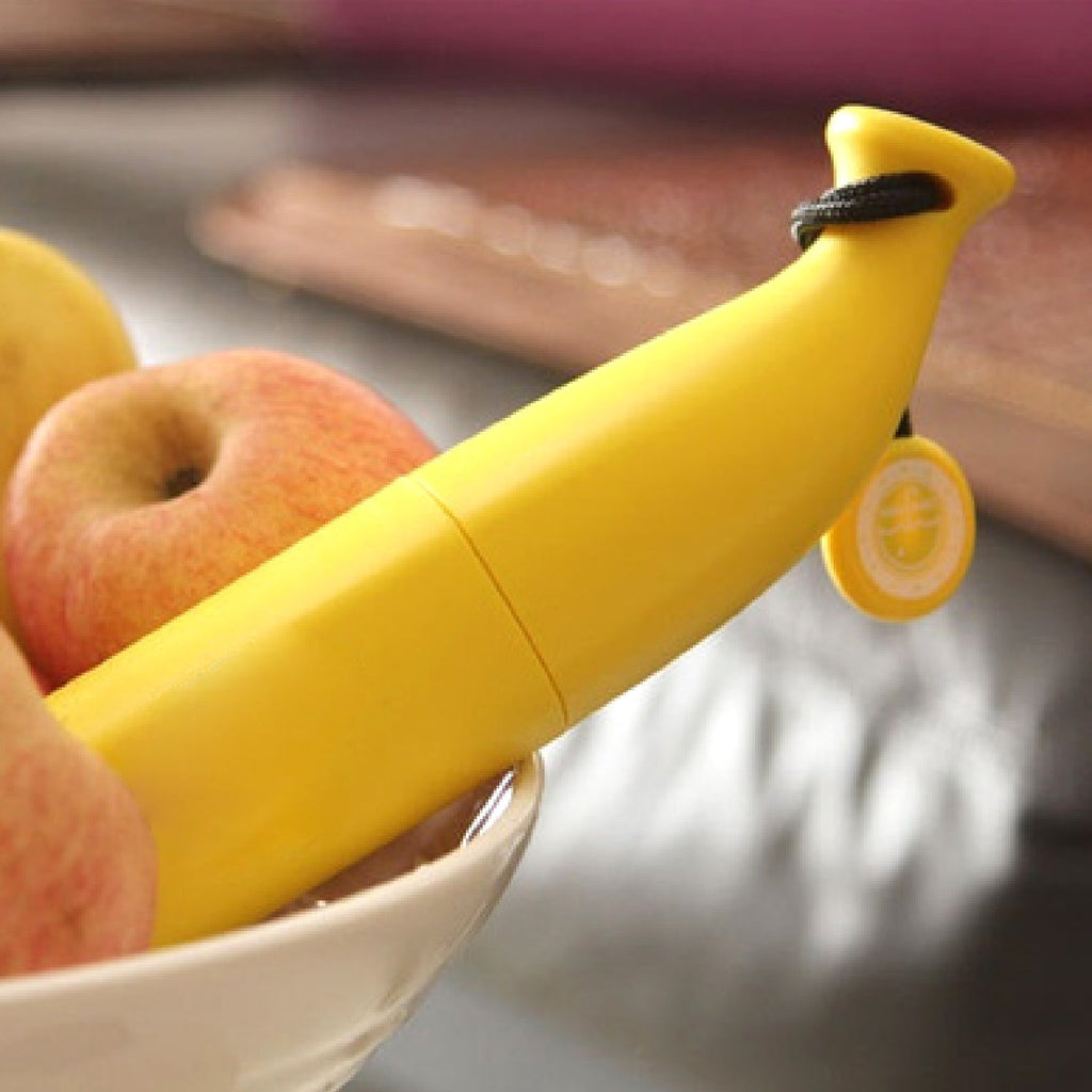 Compact and stylish foldable banana shaped umbrella, open for display.