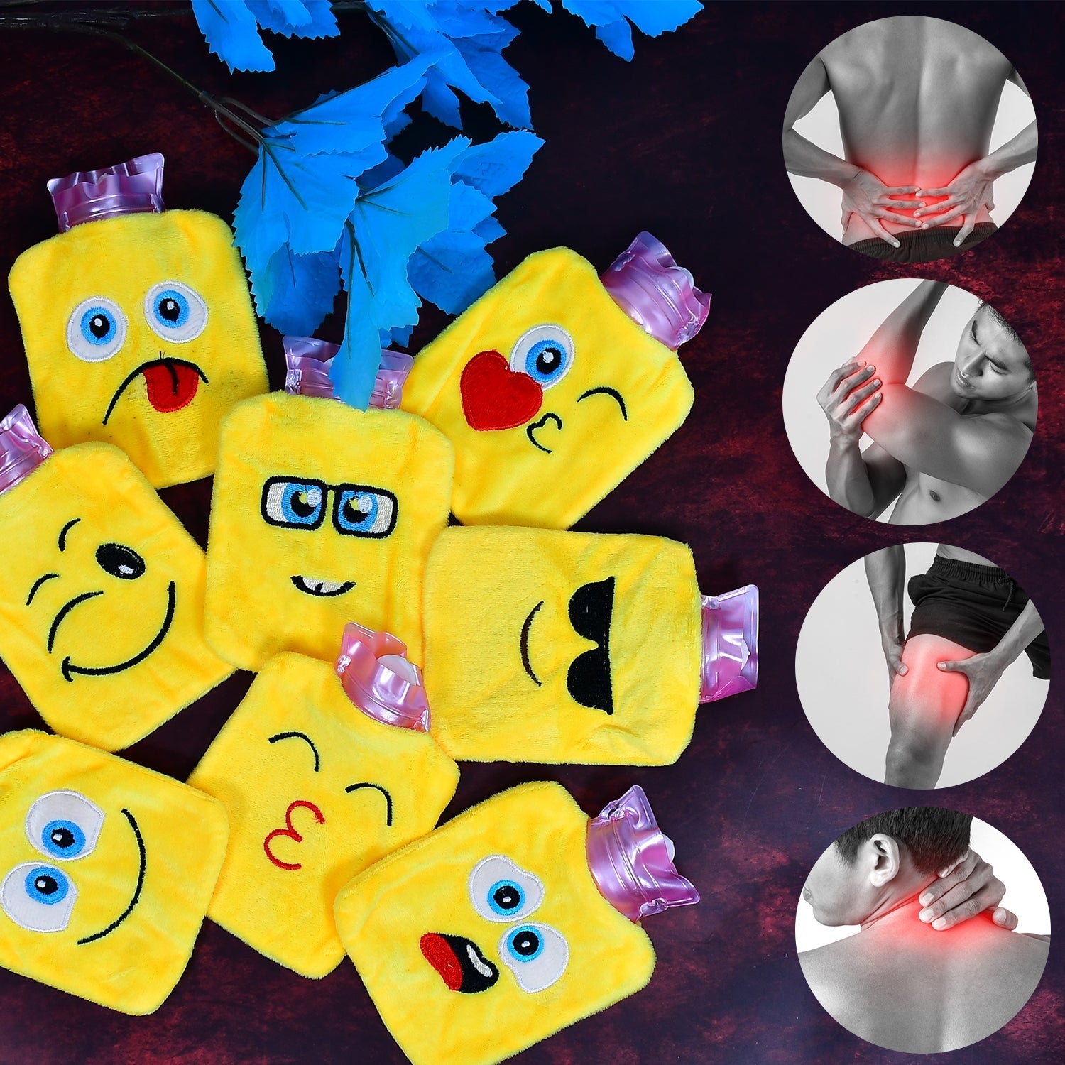 Multiple emoji-themed mini hot water bags displayed together, showcasing the variety of designs.