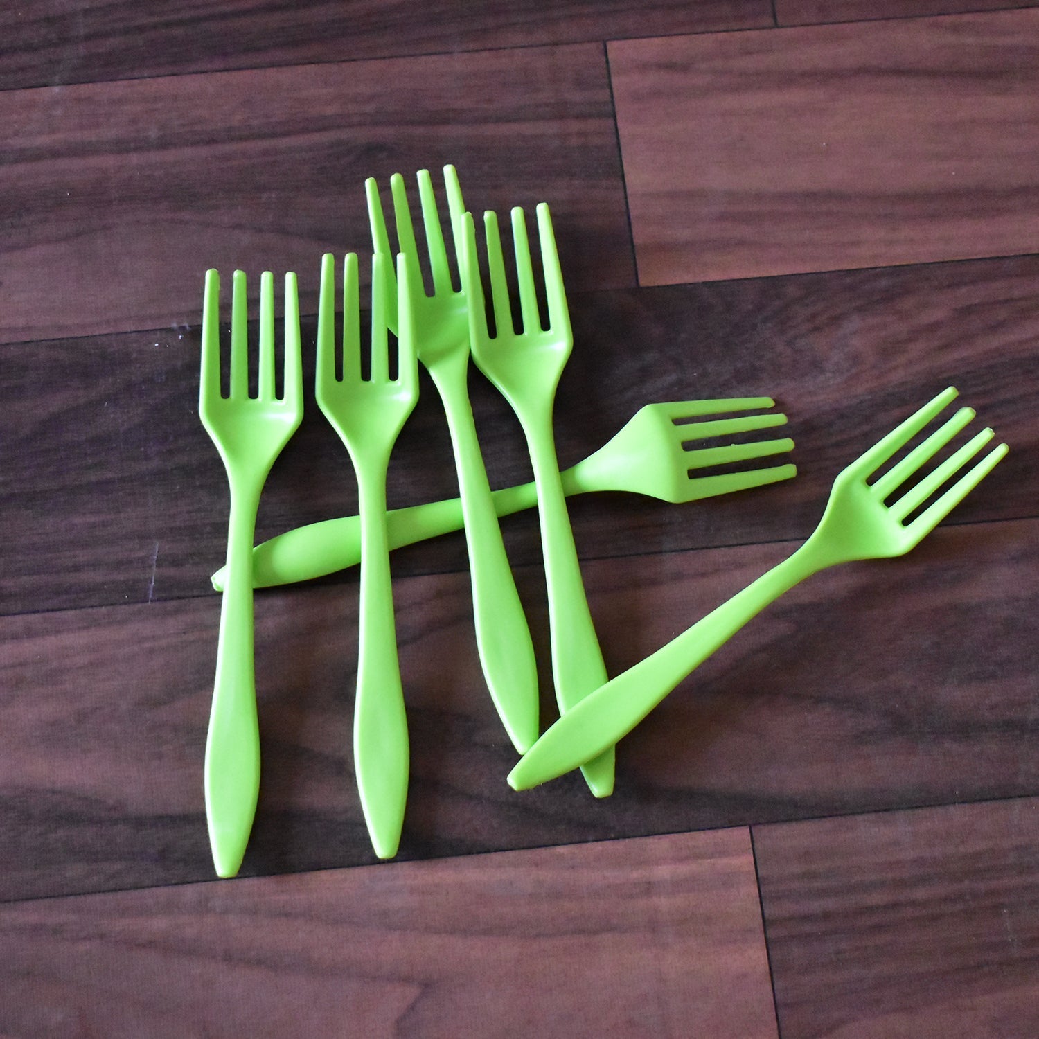 Versatile 6-piece plastic serving fork set, suitable for various foods.