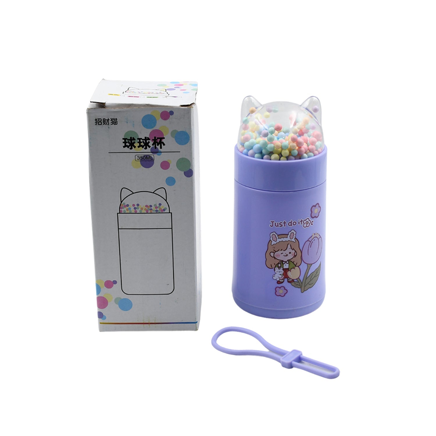 Vibrant sequin design on the Girl's Glass Water Bottle, featuring a cute cat.