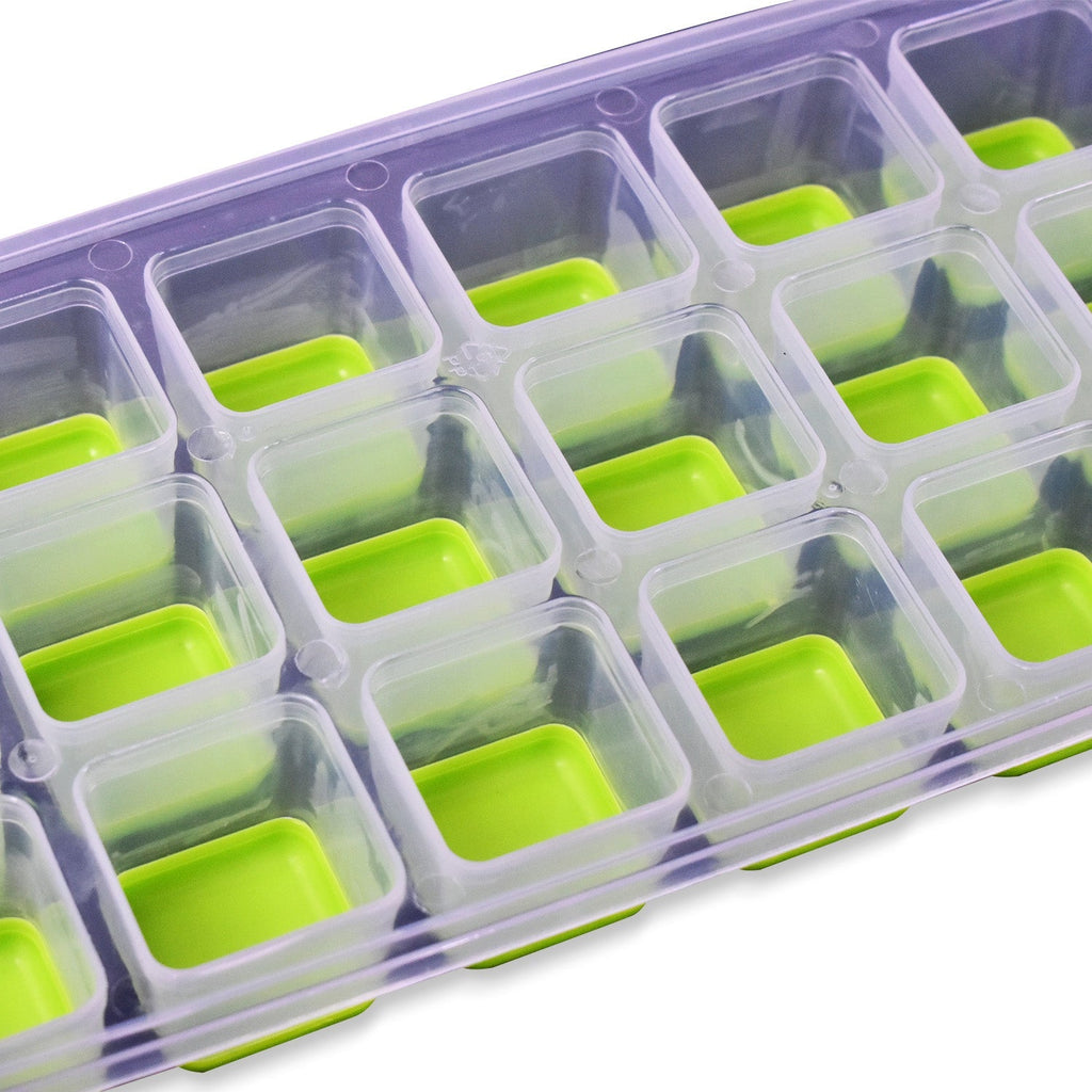 The silicone ice cube tray filled with perfectly formed ice cubes, ready for drinks.