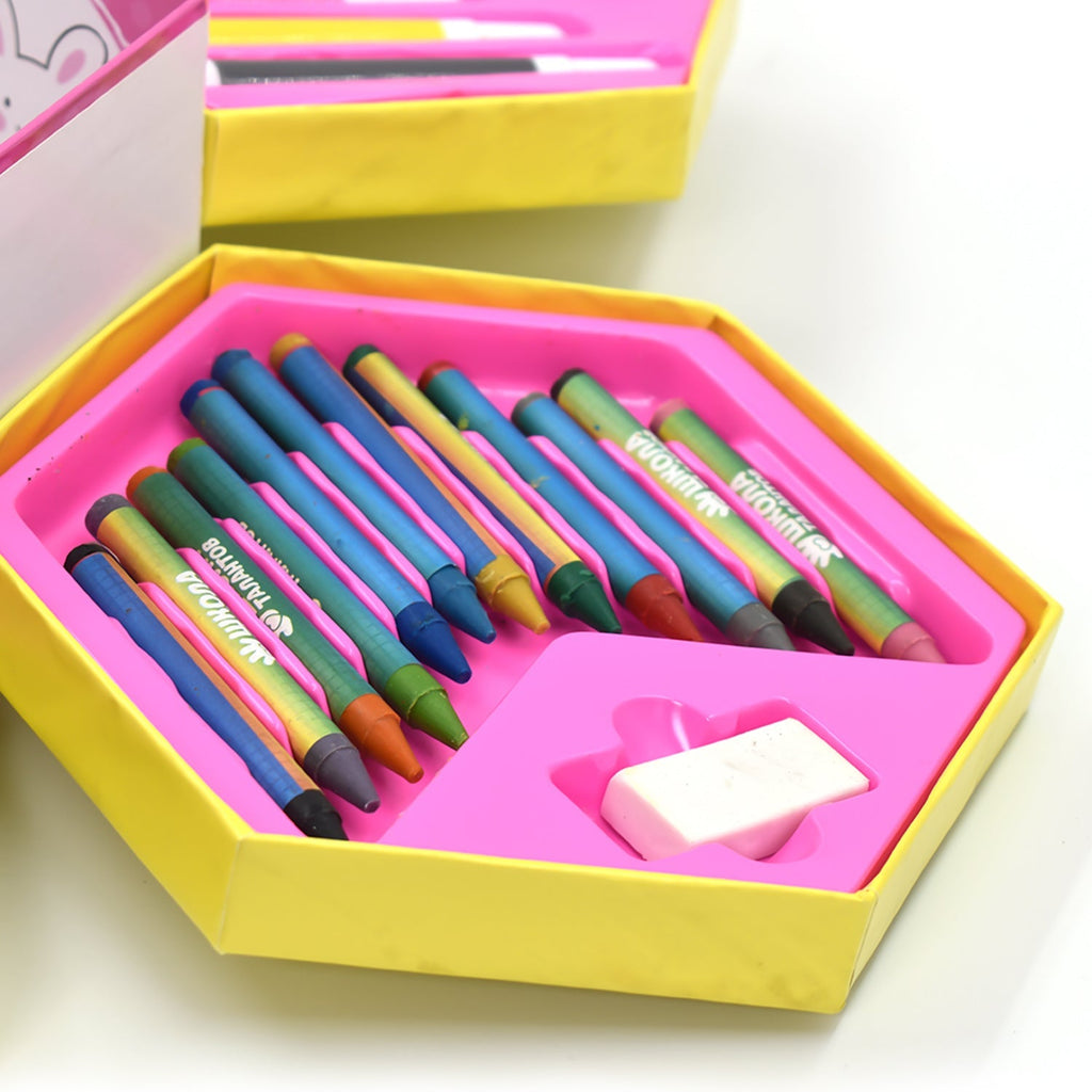 A complete kids colouring kit with pencils, crayons, and watercolors, displayed open.