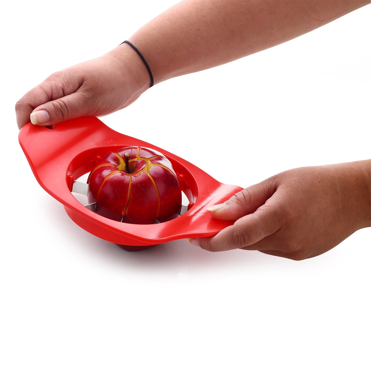 Close-up of the sharp stainless steel blades of the Ganesh Apple Cutter.