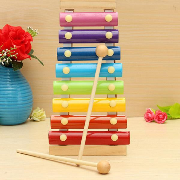 Child-safe wooden xylophone musical instrument, featuring a sturdy frame and colorful keys.