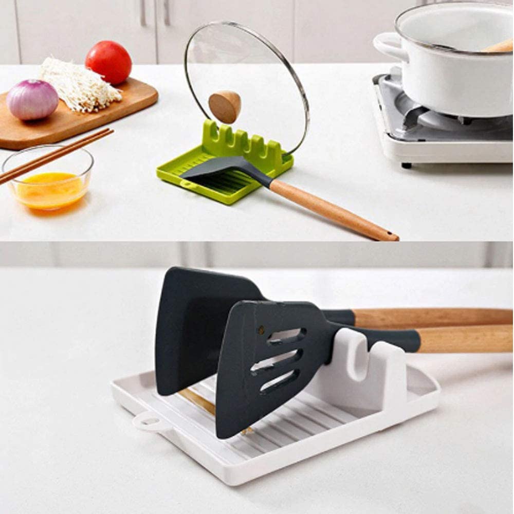 Heat-resistant silicone spatula holder preventing messy spills.