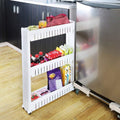A white 3-layer slim storage rack with wheels, showcasing its compact design.
