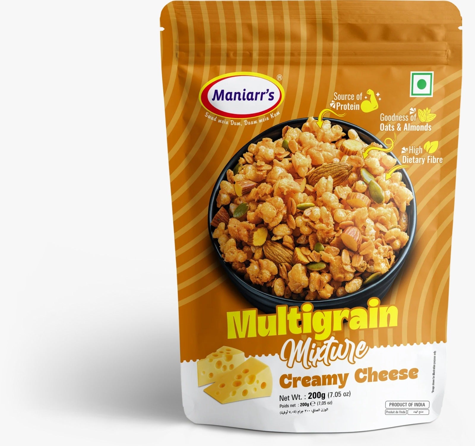 A bowl filled with Maniarr's healthy roasted multigrain namkeen snack.