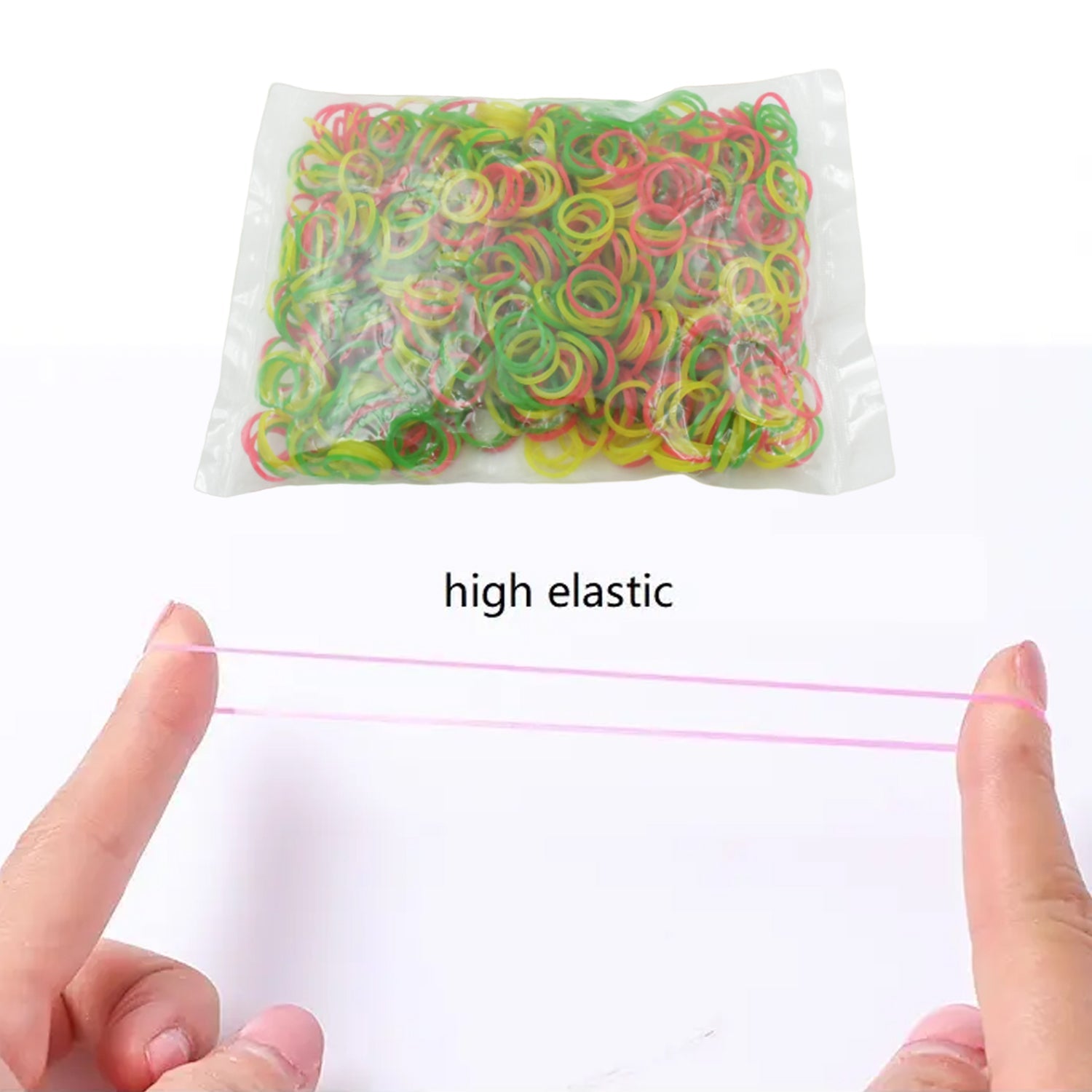 A clear container filled with assorted 2-inch rubber bands for easy access.