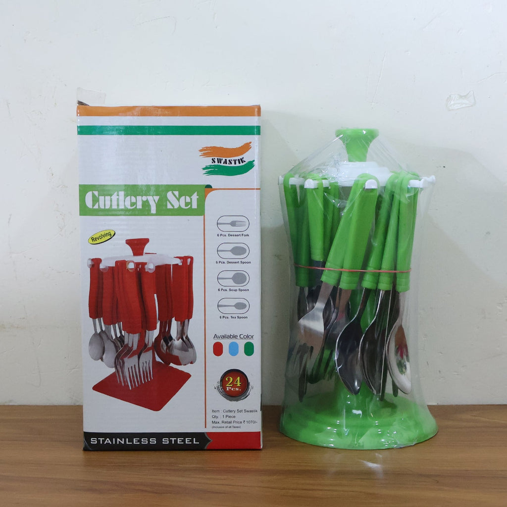 Fully loaded rotating stand with 24-piece stainless steel cutlery set