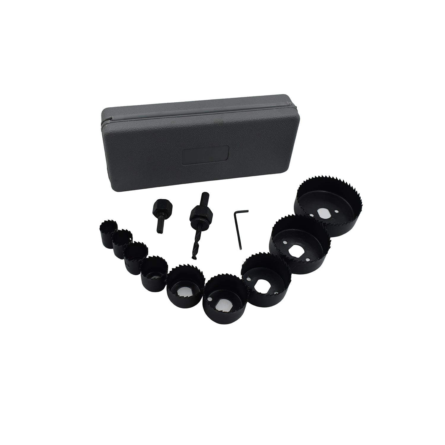 All components of the 12-piece hole saw kit neatly arranged for easy access.