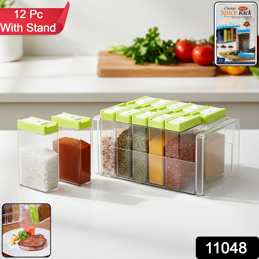 Top view of 12-piece clear spice containers arranged on a modular spice rack stand
