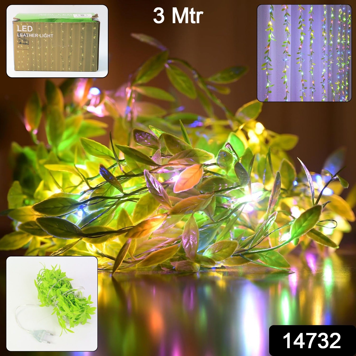 Close-up of decorative LED leaf string light with realistic green leaves