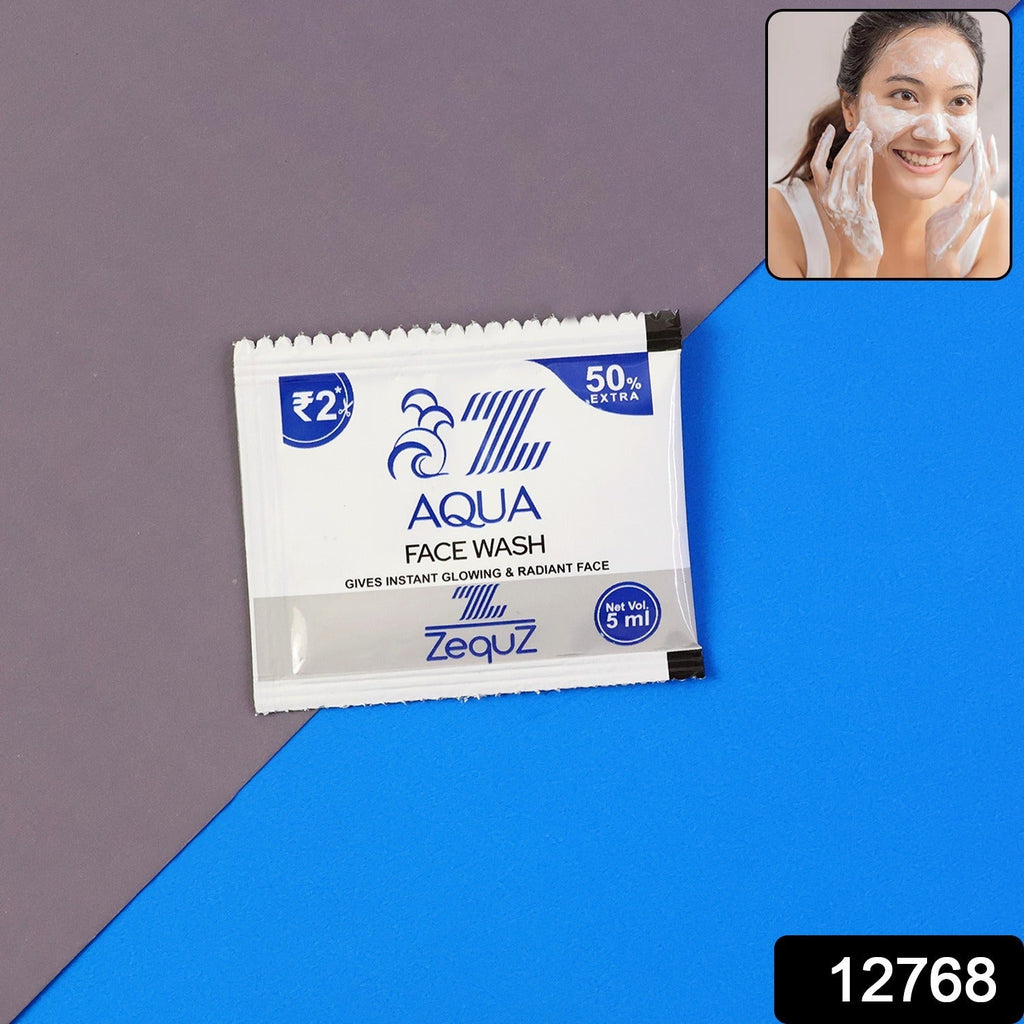 Close-up of aqua face wash sachets designed for oil control and travel use.