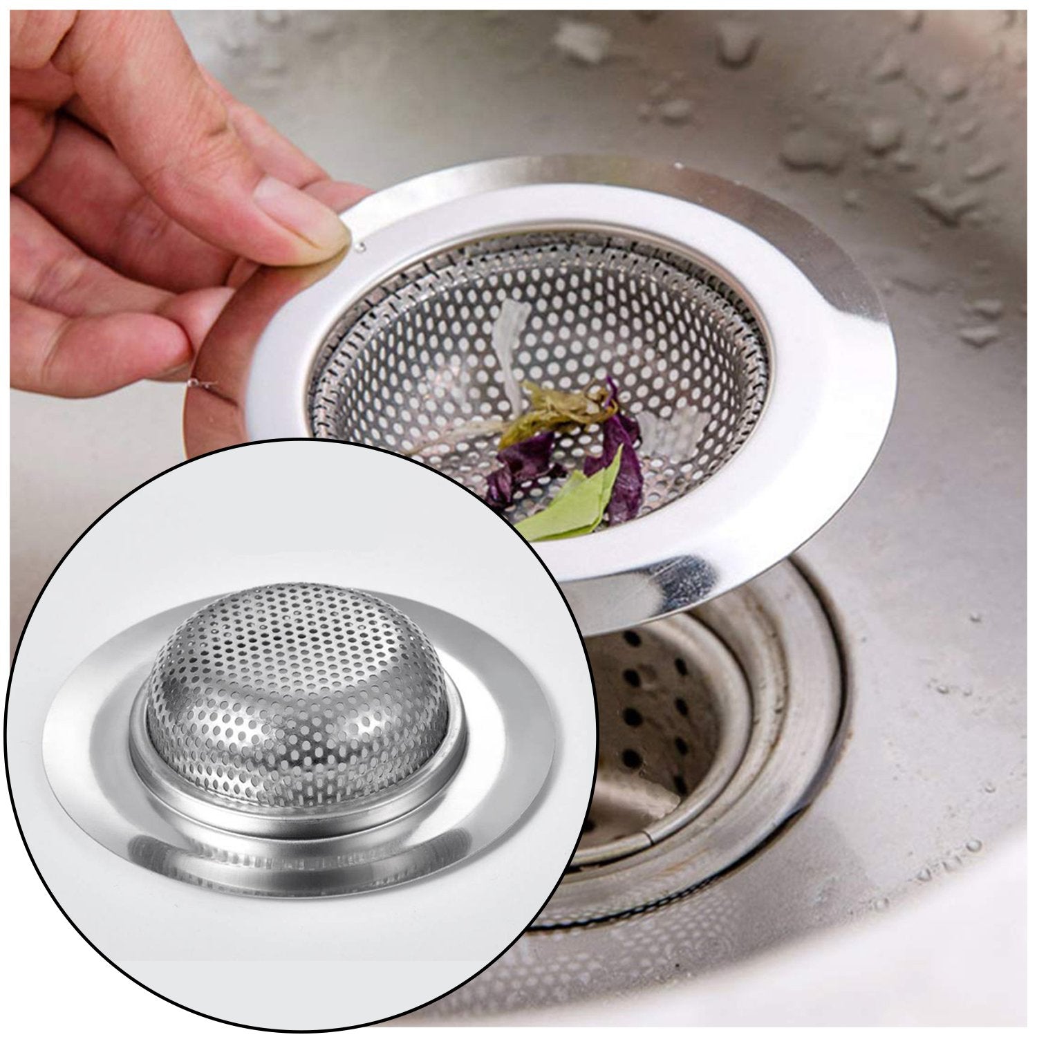 Close-up of a shiny stainless steel sink strainer showing its full hole pattern.