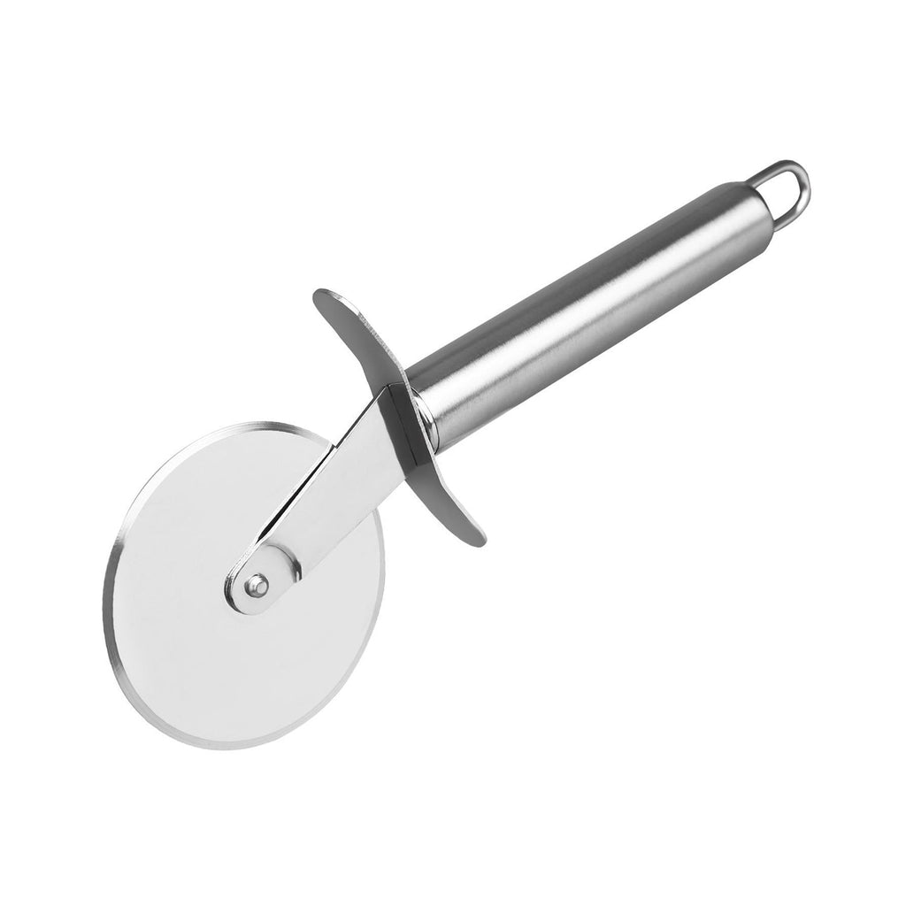 Stainless steel pizza cutter shown in use, slicing a fresh pizza.