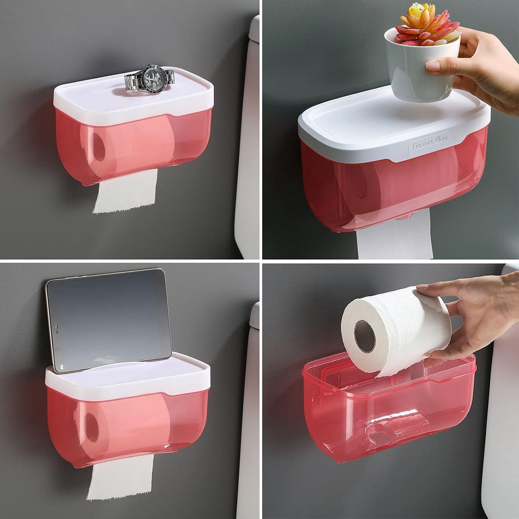 Front view of the self-adhesive bathroom tissue dispenser, highlighting its sleek design and phone storage.