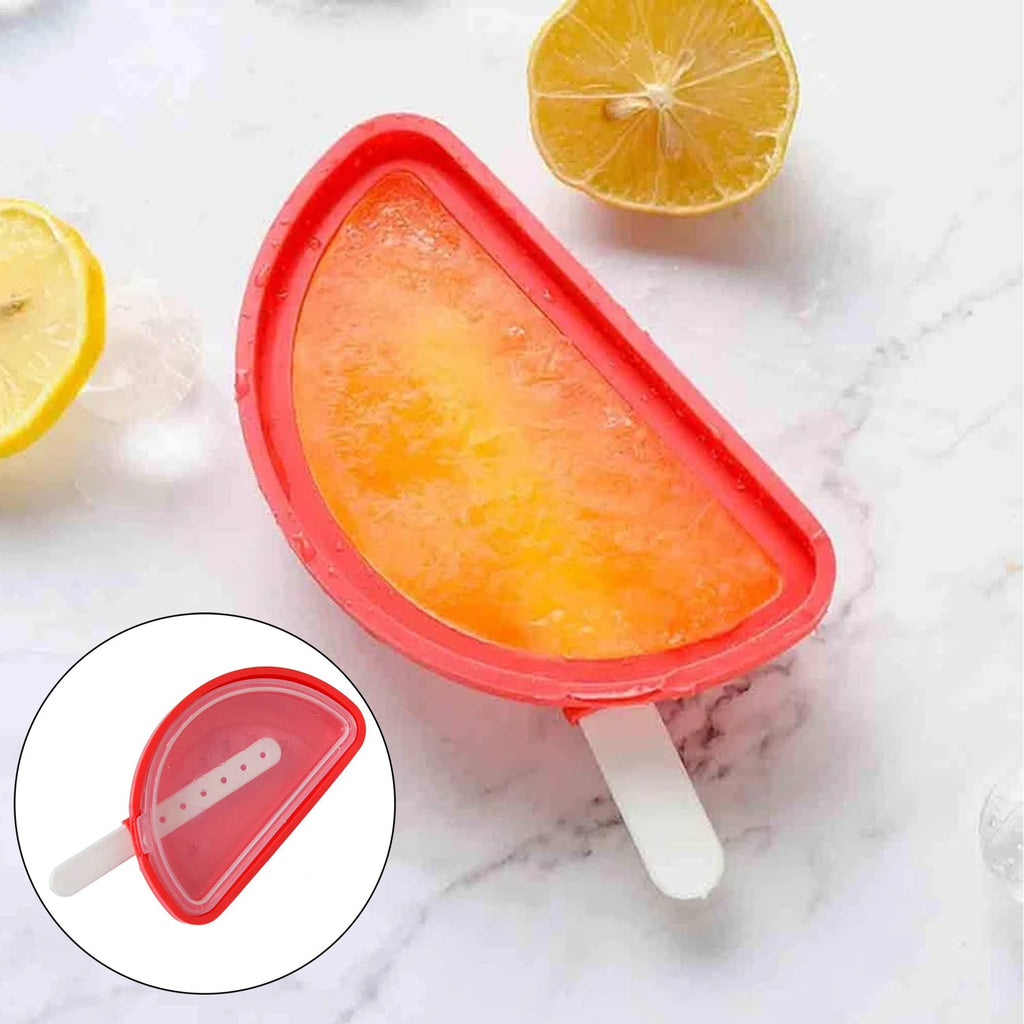 Close-up of the flexible watermelon ice mould with a lid.