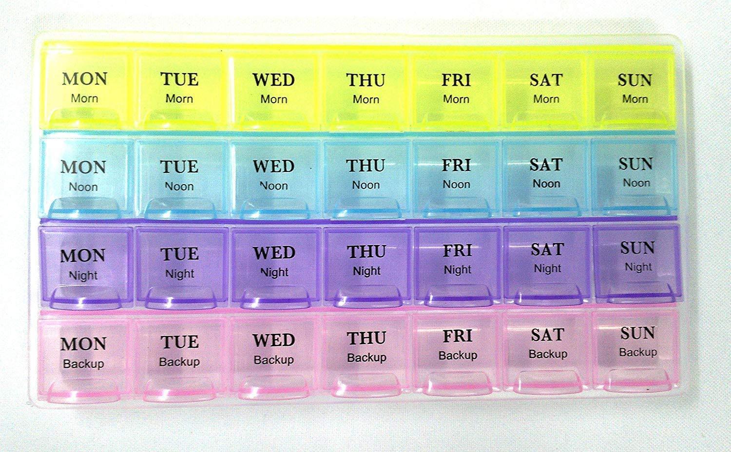 Four-row weekly pill organizer with 28 slots, designed for comprehensive medication management.