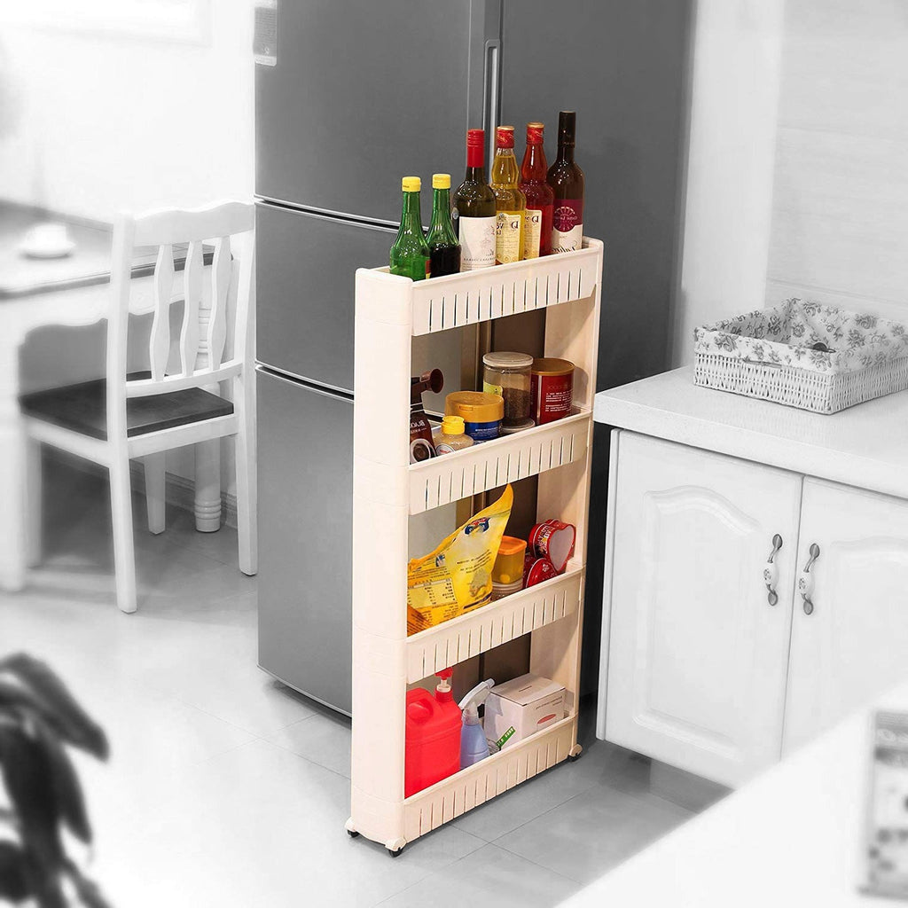 Slim 4-layer multipurpose organizer rack with items, perfect for narrow spaces.