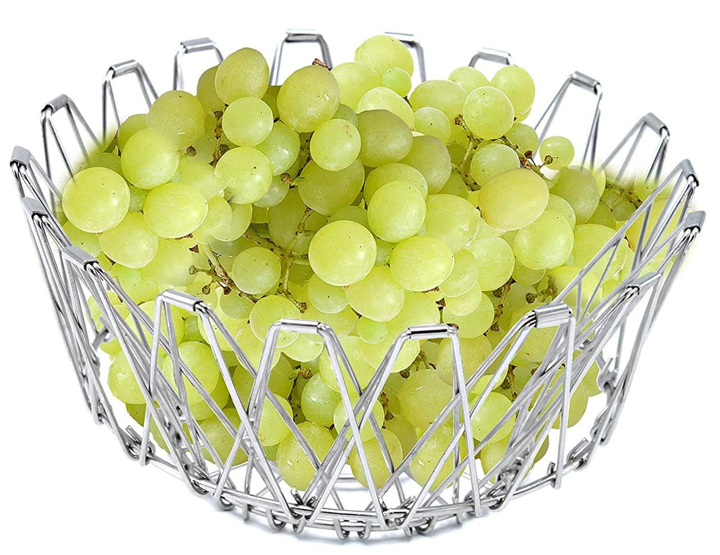 The foldable fruit basket shown in an open, wide configuration for larger produce.