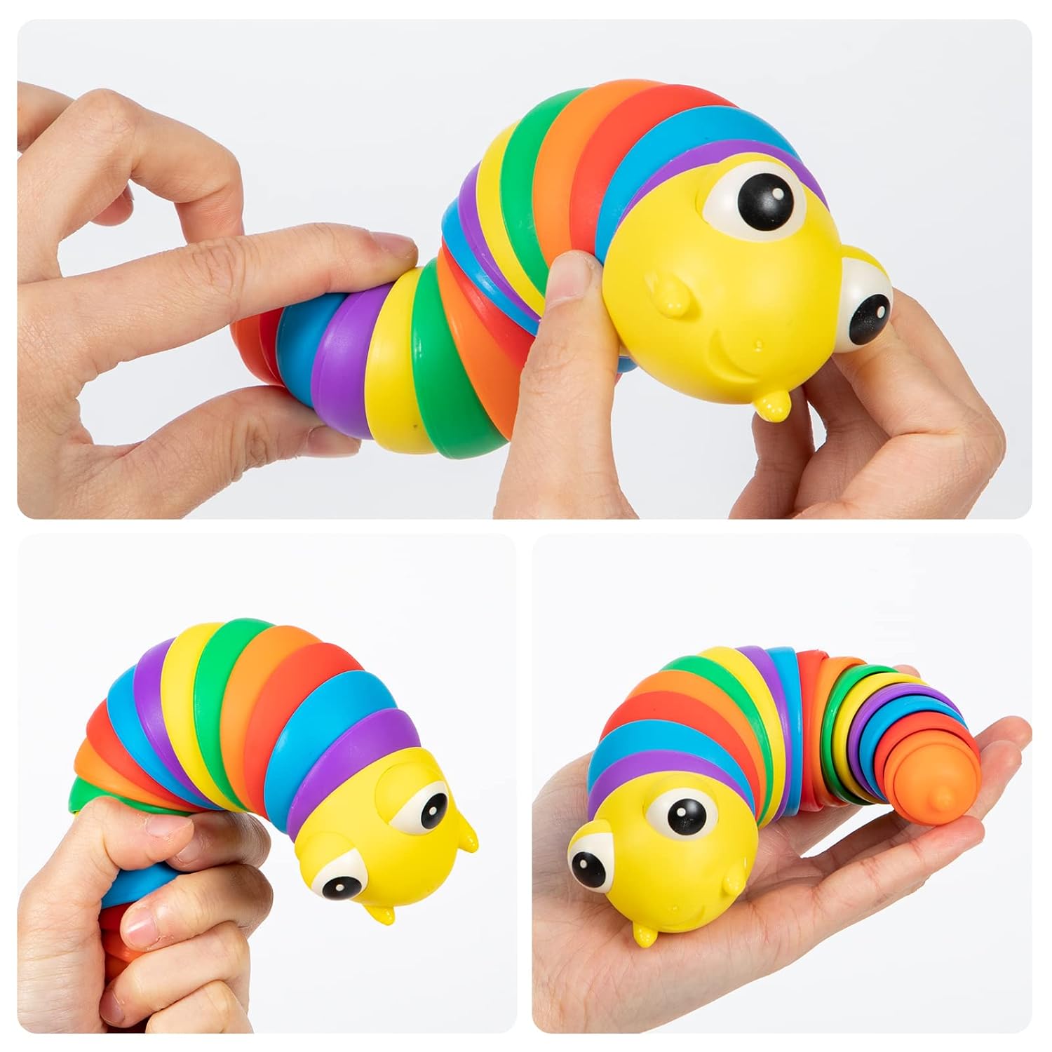 Rainbow slug fidget toy in dynamic motion, showcasing its extreme flexibility and movement.
