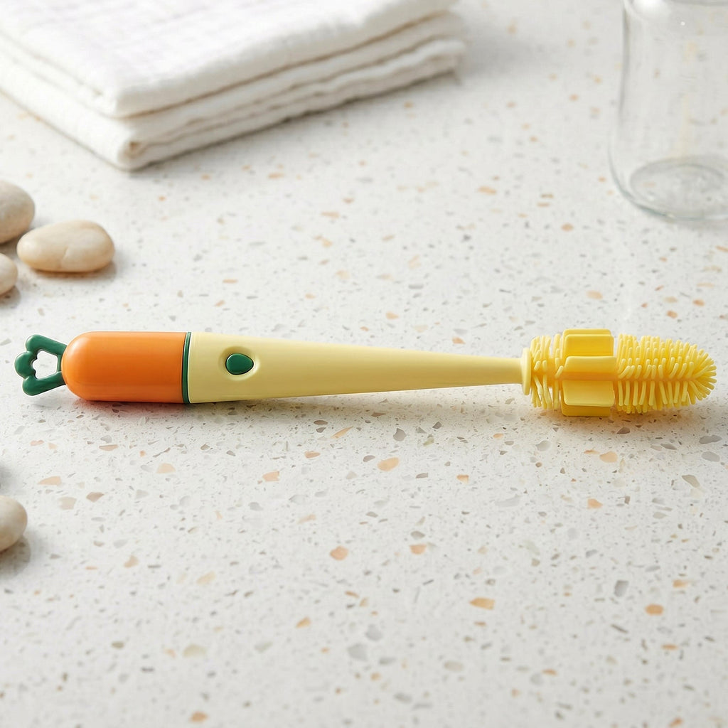 Close-up of bottle cleaning brush highlighting the silicone head and long handle.