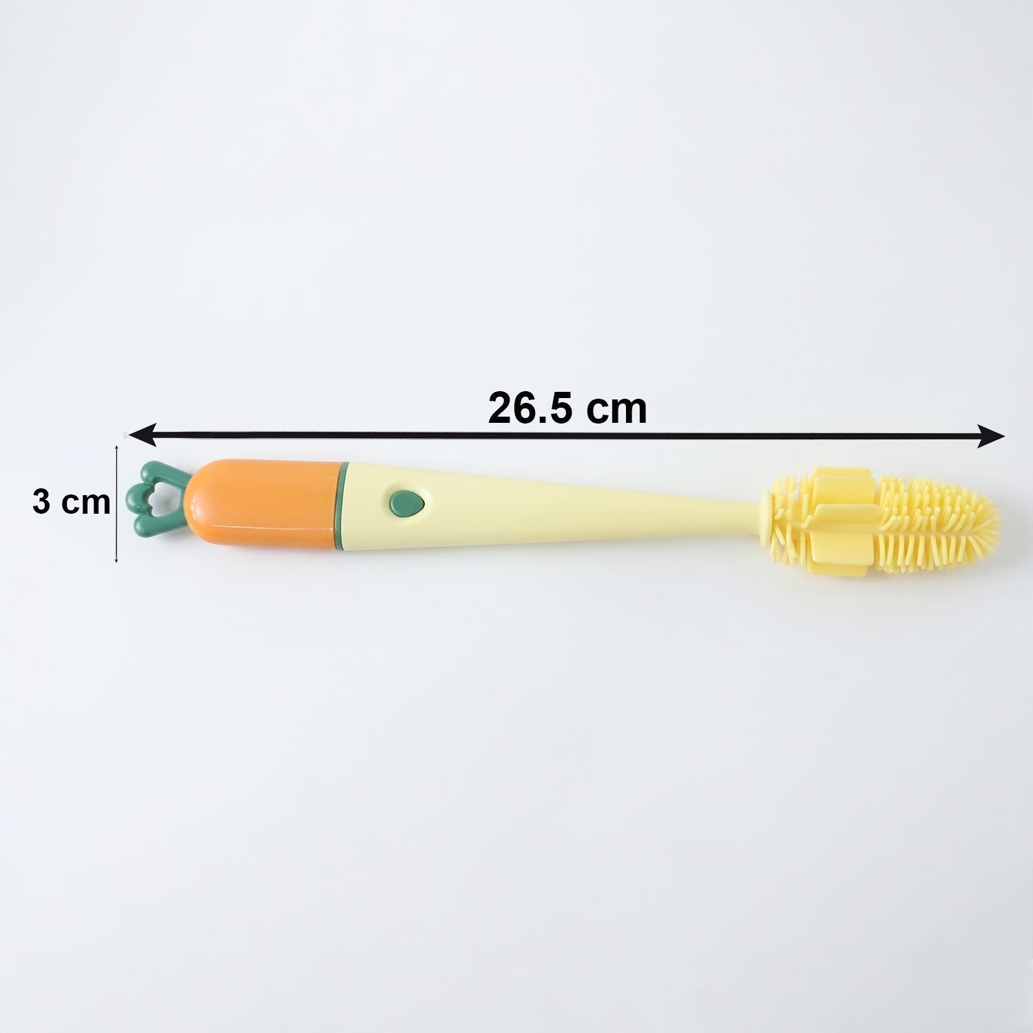 Size guide for bottle cleaning brush, showing length and diameter.