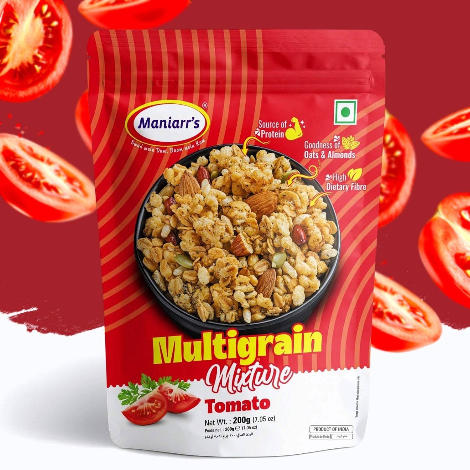 Maniarr's Tomato Roasted Multigrain Mixture pack showcasing its tangy flavor and healthy ingredients.
