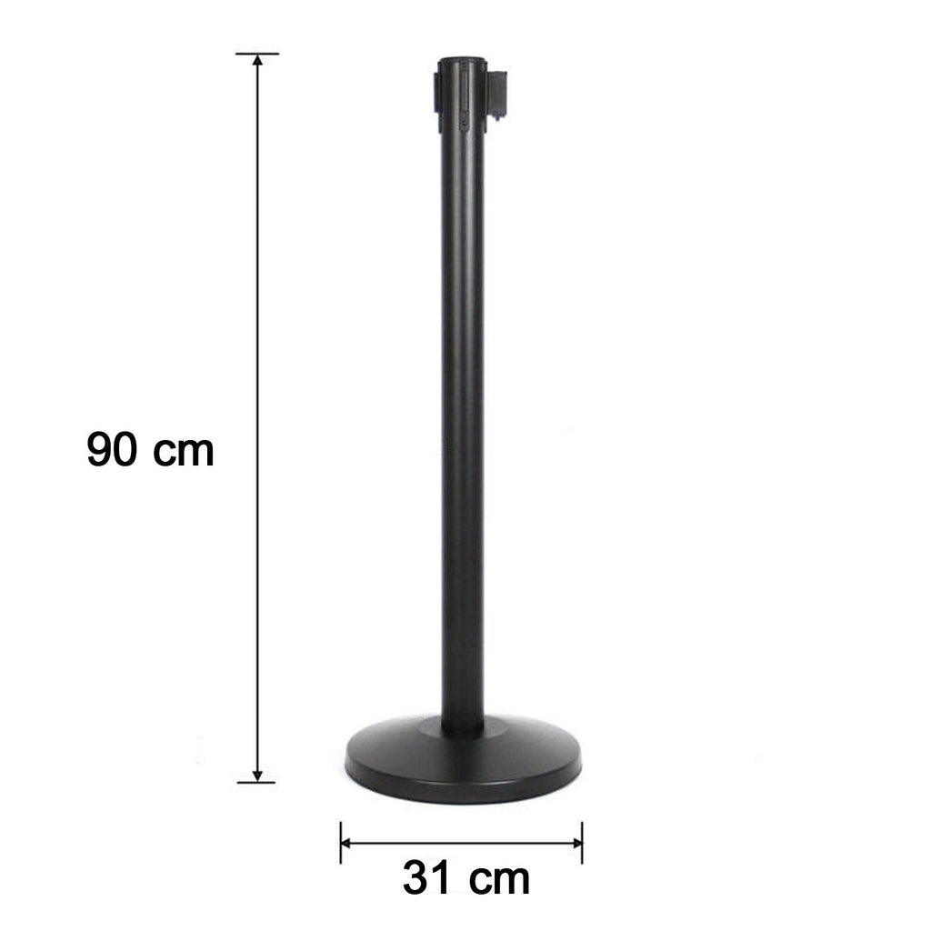 Side view of heavy duty crowd control pole with sturdy base and retractable belt