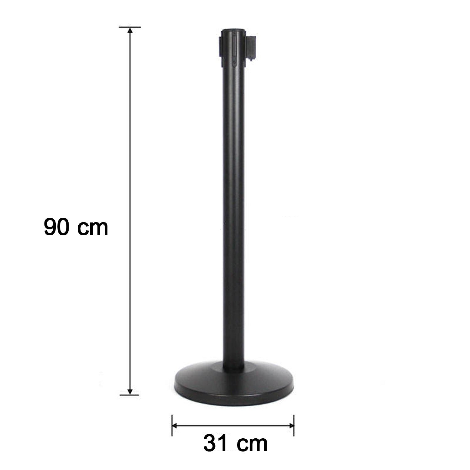 Side view of heavy duty crowd control pole with sturdy base and retractable belt
