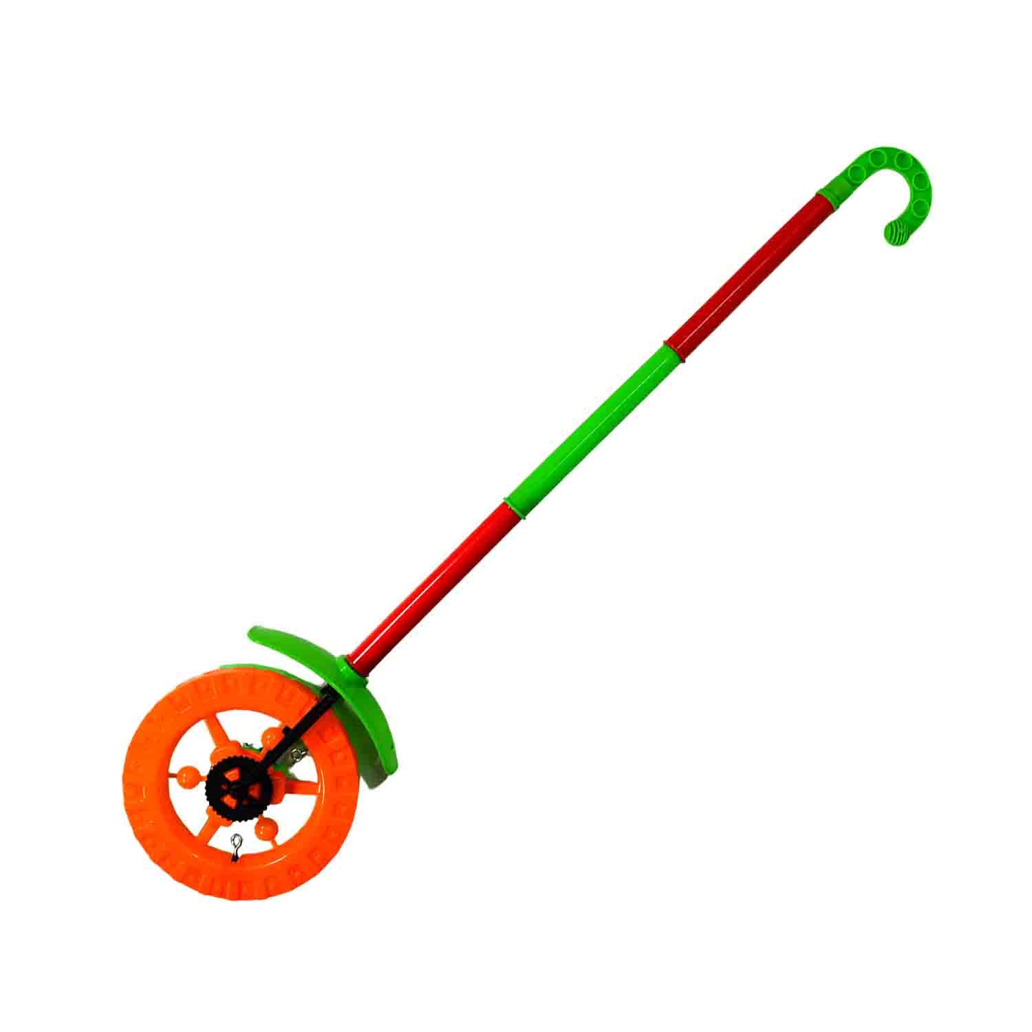 Child happily playing with the colorful single wheel light-up push toy.