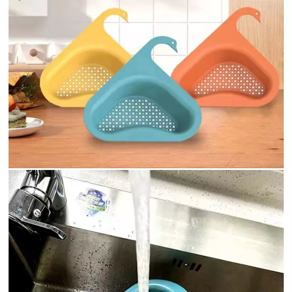 The swan design strainer actively preventing sink blockages and ensuring smooth drainage.