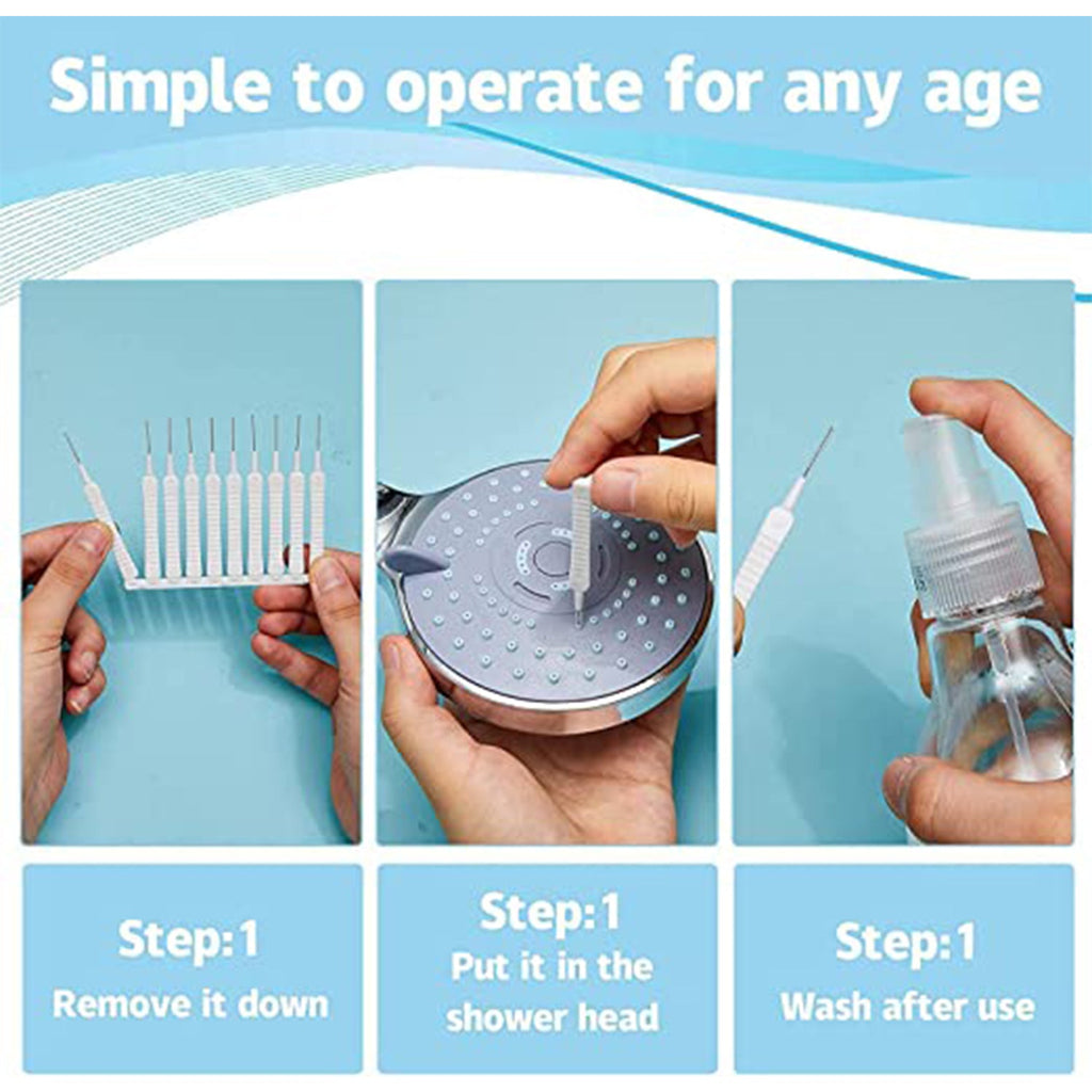 A hand using one of the 10 cleaning brushes to clear a shower head nozzle.