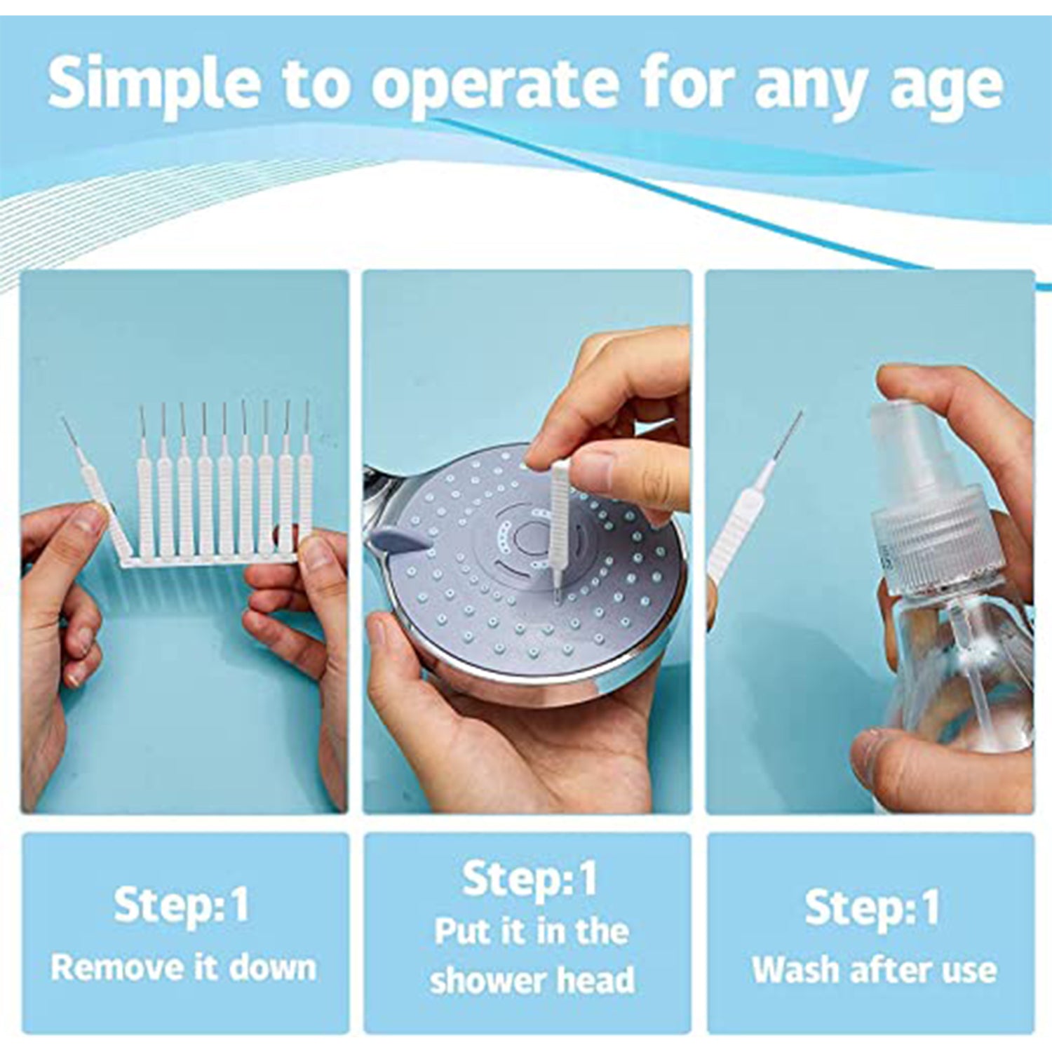 A hand using one of the 10 cleaning brushes to clear a shower head nozzle.