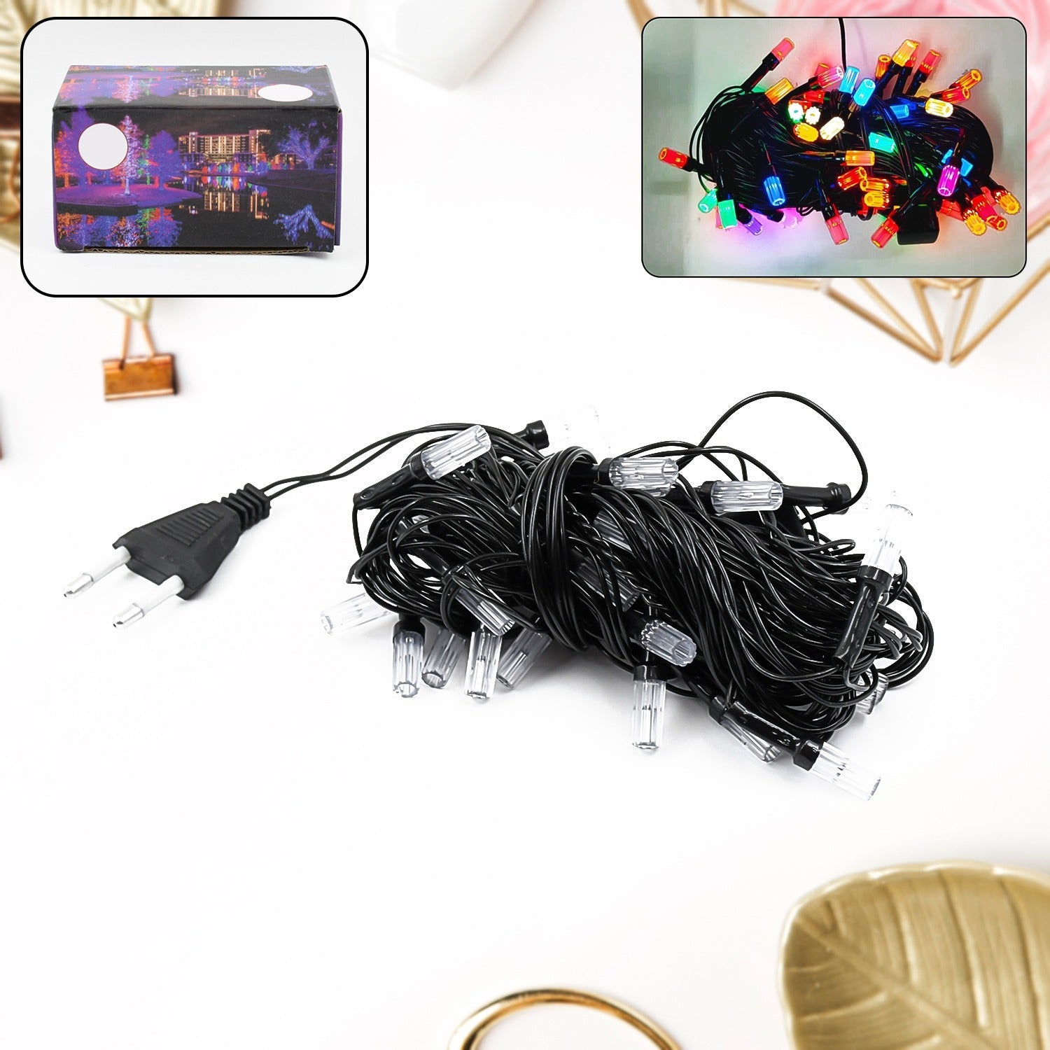 Vibrant multi-color LED string lights illuminating a festive setting.