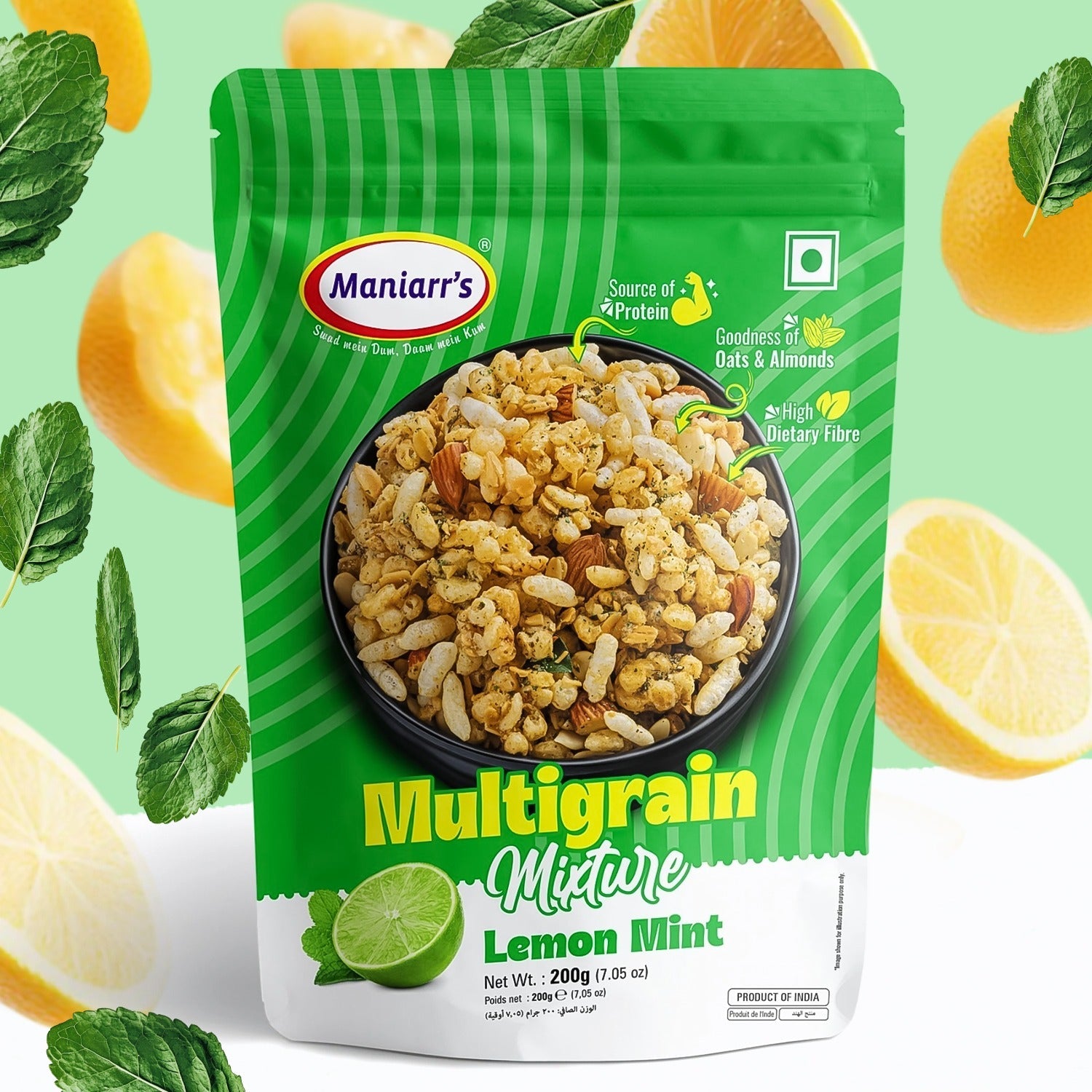 Maniarr's Lemon Mint Roasted Multigrain Mixture pack with vibrant branding.